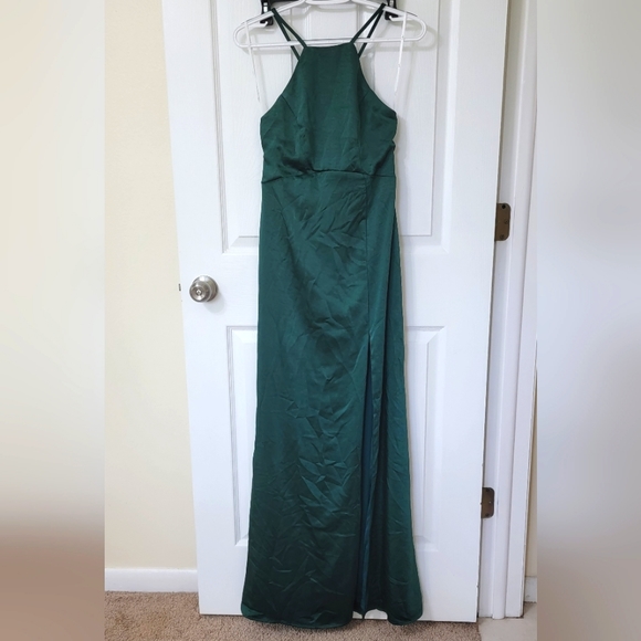 Lulu's Born to Captivate Satin Backless Maxi Dress w/Apron Neckline Forest Green - Picture 4 of 4